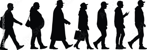 Silhouettes of diverse people walking, individuality, motion, urban lifestyle, black figure, casual attire, accessories, diversity, street style, human form