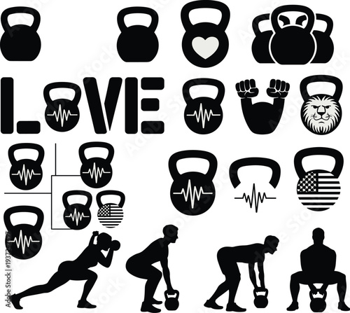 Kettlebell fitness silhouette collection, gym workout icons and strength training exercises flat vector illustration for sports design