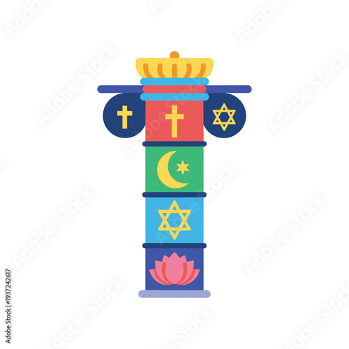 Interfaith unity symbol tower with religious icons and golden crown on blue sky