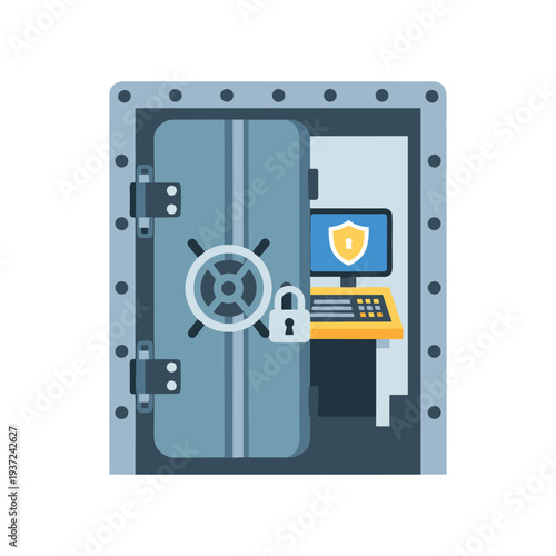 Digital security vault with shield icon and keypad in modern server room
