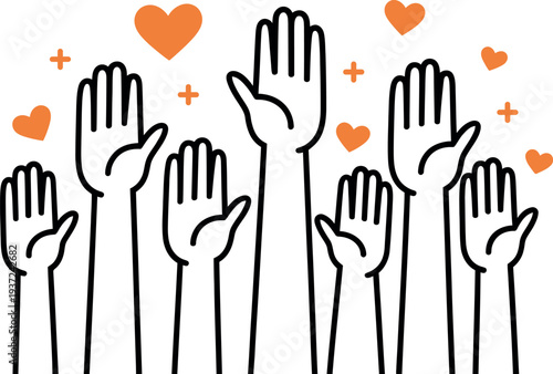 Diverse group of raised hands with hearts and plus signs symbolizing unity and community engagement