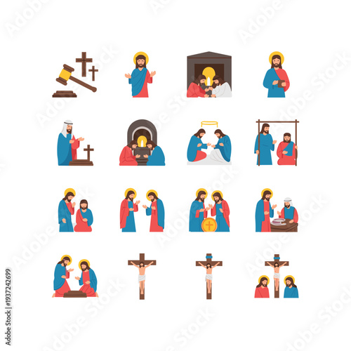 Christian religious scenes collection flat vector illustration set with Jesus cross bible