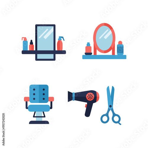 Flat lay bathroom and grooming essentials set with mirror and tools vector illustration