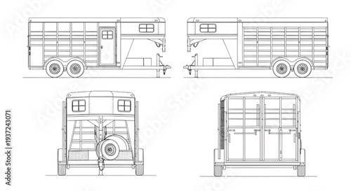 Horse Trailer Blueprint Vector – Livestock Transport Trailer Technical Outline Drawing Isolated on White