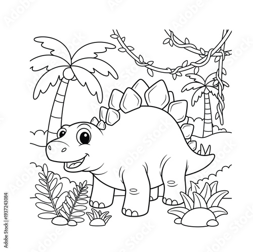 Smiling stegosaurus in a prehistoric jungle