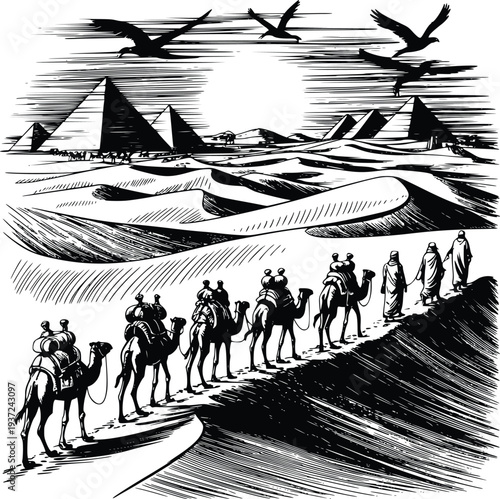 Desert Camel Caravan and Pyramids Vintage engraving Woodcut Illustration, PNG
