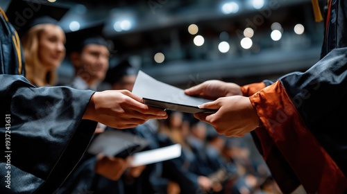 Close-up of hands exchanging a graduation diploma during a ceremony. Student receiving degree certificate in academic gown