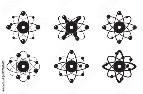 Set of six atomic structure models each depicting nucleus and electrons orbiting in various configurations including elliptical and spherical paths vector illustration