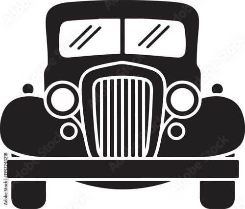 Vintage retro car vector illustration featuring a classic antique automobile silhouette with a shiny chrome grill and bumper