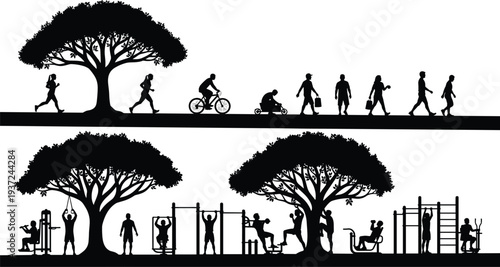 Outdoor fitness park silhouette with people jogging, cycling, and using calisthenics equipment under trees for healthy lifestyle and urban wellness.