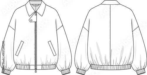 Technical fashion sketch of a zip up bomber jacket, oversized casual outerwear template for cad drawing flat vector illustration, clothing