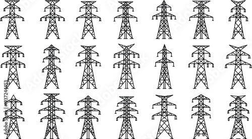 Set of high voltage power line pylon silhouettes, electric transmission tower icons, industrial energy distribution network symbols, vector illustration isolated