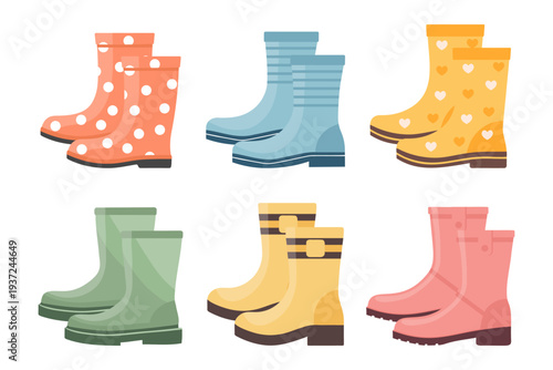 Rubber boots icon set isolated on white background. Collection of colorful waterproof boots.