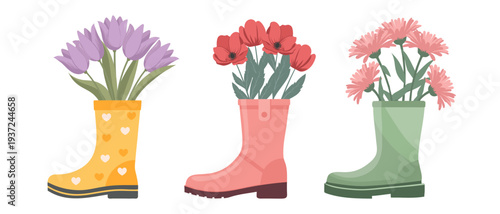 Set of rubber boots with bouquets of spring flowers. Cute spring illustrations. 