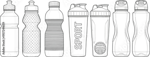 Set of sports water bottles and protein shakers, line art sketch of athletic hydration containers, vector illustration isolated on white