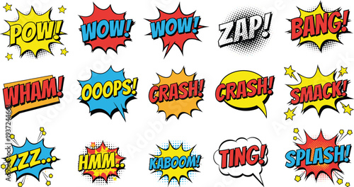 Set of colorful comic book speech bubbles with explosive sound effects, pop art stickers for action and fun, vector graphics