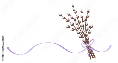 Spring greeting card with willow branches tied with a purple ribbon. Festive spring illustration.