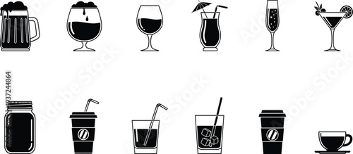 Set of beverage and drink icons, black silhouettes of cocktail glasses, coffee cups, beer mugs, and juice jars isolated on white