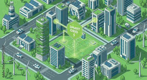 Modern Cityscape with Tall Skyscrapers and Green Spaces.