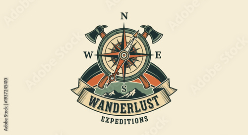 Vintage Wanderlust Expeditions emblem with retro compass, crossed axes, and mountain landscape for travel and outdoor adventure.