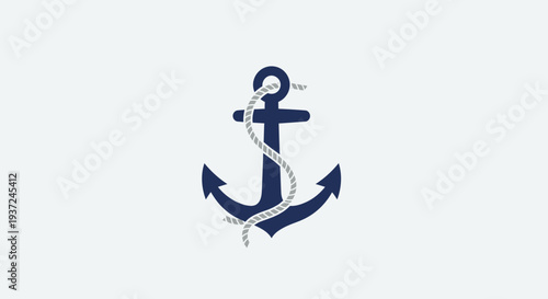 Classic dark blue nautical anchor with a textured coiled rope, isolated on a light background. Marine safety and stability symbol.