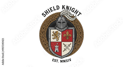 Classic Medieval Knight Helmet and Heraldic Shield with Ornate Celtic Knot Emblem - Vintage Design