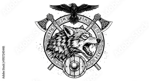 Fierce wolf head with snarling teeth, raven, crossed axes, and shield in a detailed vintage Viking Norse mythology emblem illustration.