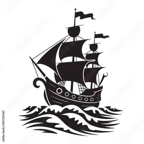 Old sailing ship on ocean waves vector illustration black and white drawing