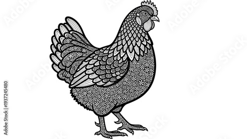 Detailed black and white illustration of a hen, farm bird, standing profile, intricate patterns, vintage style