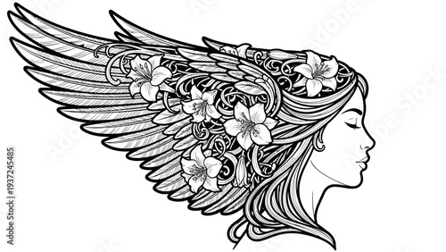 Wallpaper Mural Elegant Woman with Winged Hair and Flowers, Vintage Art Nouveau Style Torontodigital.ca