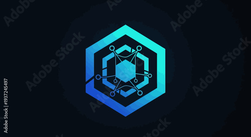 Abstract blue and cyan glowing hexagon symbol representing technology, data connection, network, and digital security concept