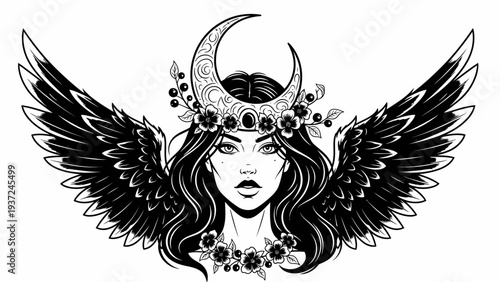 Mystical Moon Goddess with Wings and Floral Crown