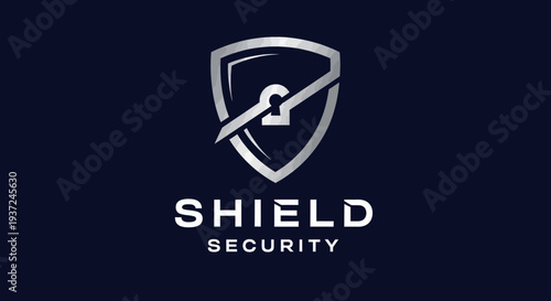 Silver metallic shield and padlock logo concept for digital security, data protection, cybersecurity, and online privacy.