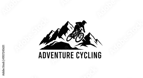 Mountain Biker Actively Cycling Uphill in a Dynamic Mountainous Landscape, Adventure Cycling Logo, Isolated White Background