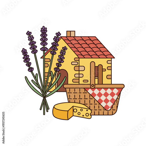 Cozy provence cottage with lavender basket and cheese on rustic table