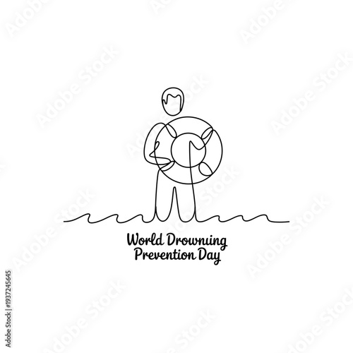 World drowning prevention day man holding lifebuoy line drawing