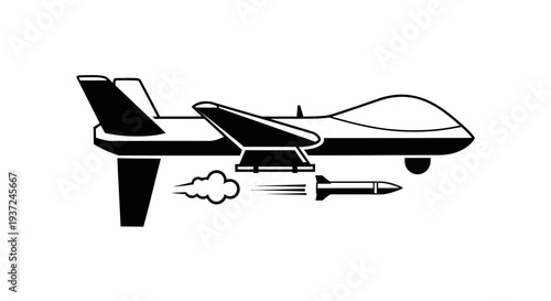 Silhouette of an Unmanned Combat Aerial Vehicle (UCAV) or Armed Drone Firing a Missile on Isolated White Background