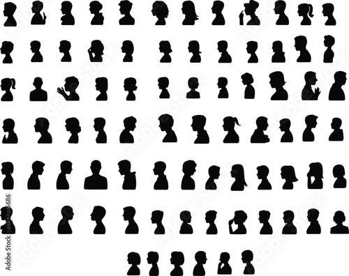 Human profile silhouettes collection, diverse people icon set, hairstyle variation vector, head shape illustration, side view design artwork, identity concept