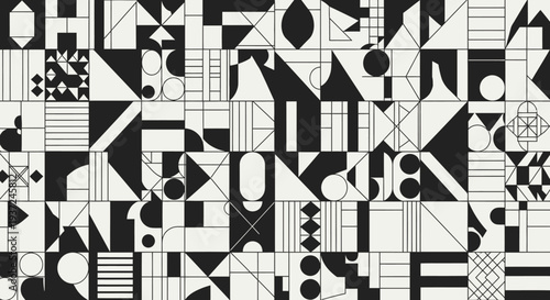 Abstract geometric pattern background with black and white shapes, modern minimalist design, seamless tile, retro Bauhaus style grid wallpaper.