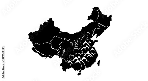 Geographical Map of China with Mountain Ranges, Detailed Outline on Isolated White Background