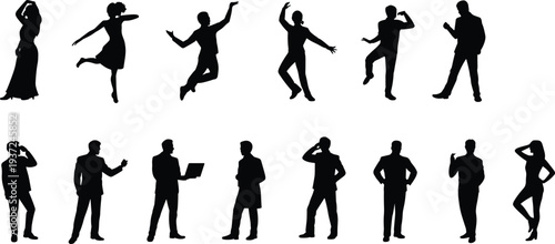 Human silhouettes, dancing, jumping, gesturing, expressive poses, professional attire, laptop, conversation, casual stances, formal icons, body language, activity, diversity