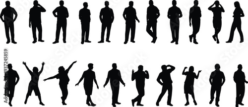 Human silhouettes standing, diverse people poses, casual and dynamic gestures, body language illustration, communication concept, posture variation, group figures, design reference, character study