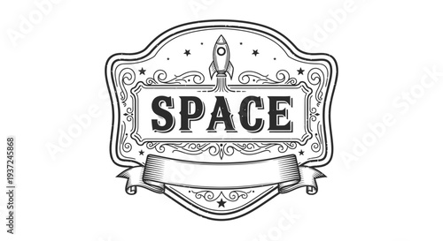 Vintage space emblem with rocket launching, antique style graphic label for outer space exploration and sci-fi design