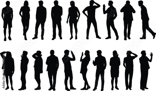Human silhouettes standing, diverse people poses, casual and formal attire, body language gestures, communication illustration, posture variation, group figures concept, design reference