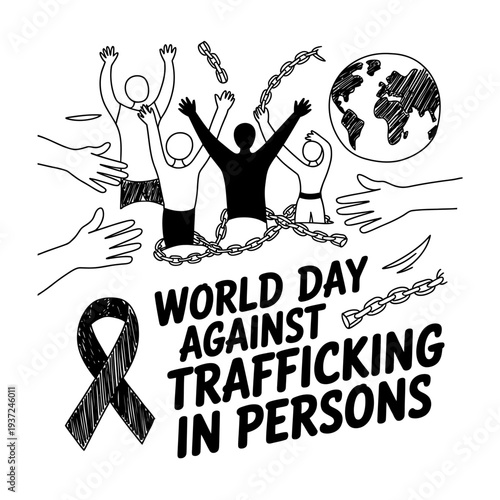 World day against trafficking in persons poster with broken chains and globe map