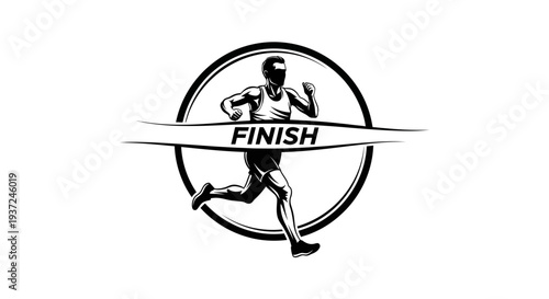 Black and white logo of a runner crossing the finish line in a race on an isolated white background.