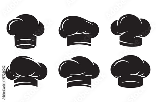 Set of six black chef hat icons, each with distinct folds and shapes, representing culinary profession cooking and baking expertise vector graphic designs