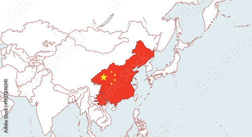 Political map of China highlighted in red with its flag and provinces within the larger Asian continent map.