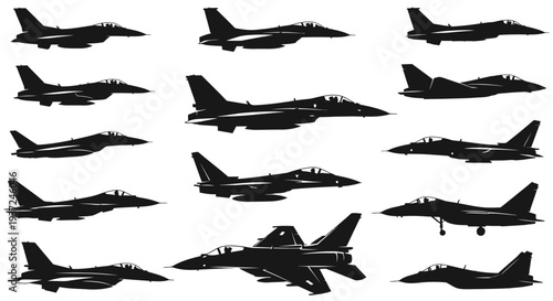 Collection of diverse fighter jet military aircraft silhouettes on an isolated white background.