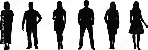 Human silhouettes, standing figures, diverse postures, male female icons, casual formal attire, vector illustration, black silhouettes, design elements, people diversity, fashion
